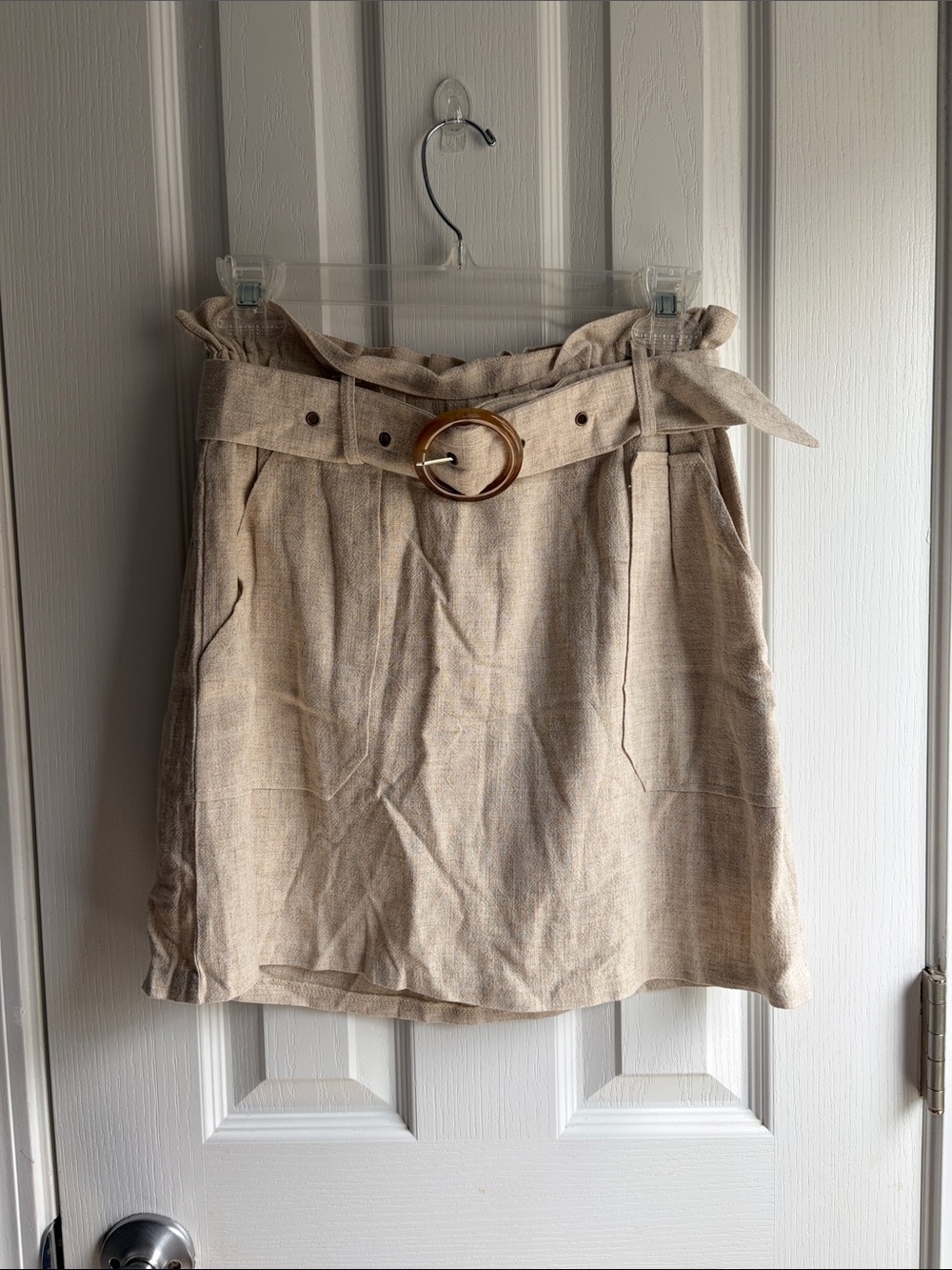 Entro Beige 100% Linen Paperbag Waist Mini Skirt with Belt Size S NWT
